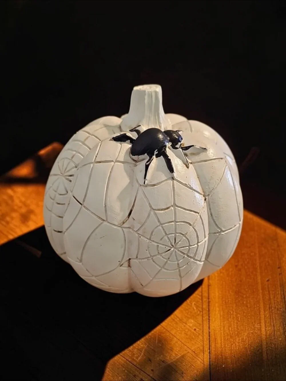 Spooky Pumpkin Décor – White Pumpkin with Spider & Web Carvings – Halloween